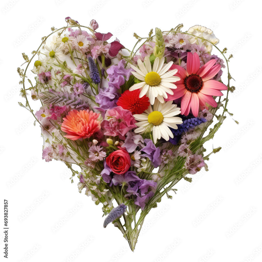 A Heart. Shaped Bouquet of Wildflowers Vibrant and Free Valentines Day. Isolated on a Transparent Background. Cutout PNG.