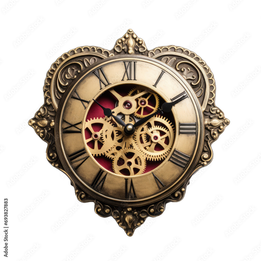 A Heart. Shaped Clock Marking Timeless Love. Isolated on a Transparent Background. Cutout PNG.