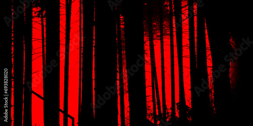 Forest fire. Bushfire. Silhouettes of trees amid the glow of fire. Conceptual vector illustration