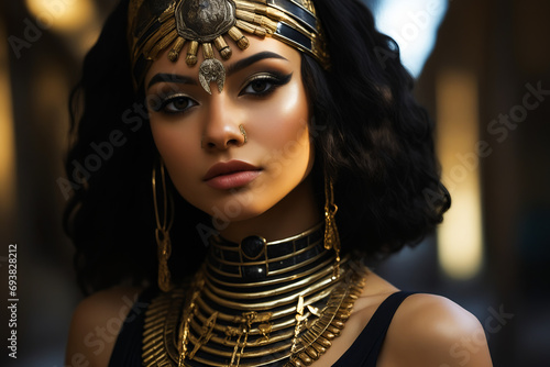 Woman wearing gold necklace and gold head piece with sun decoration.