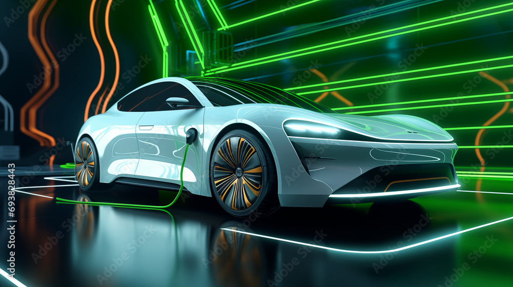 A white electric car charging in a hi-tech garage. Neon lighting and wires. The car has a smooth and shiny surface that reflects light and creates a reflection. A white electric car charging in a hi-tech garage. Neon lighting and wires. The car has a smooth and shiny surface that reflects light and creates a reflection.