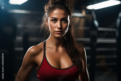 Woman in red top is posing for picture in gym. © valentyn640
