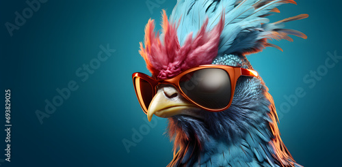 portrait of a rooster wearing sunglasses photo