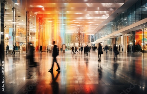 Motion blur effect, busy shopping mall scene, diverse people with colorful shopping bags