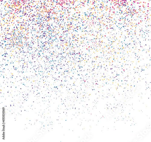 Colorful random dots, shapes, falling confetti particles isolated on white background.