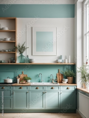.Mockup of a large frame on the wall kitchen room is classic interior © Dhiandra
