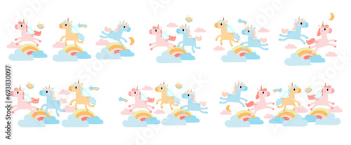 Cute unicorns, Pony or horse with magical, Unicorns illustration with rainbow, stars, hearts, clouds, castle in cartoon style.