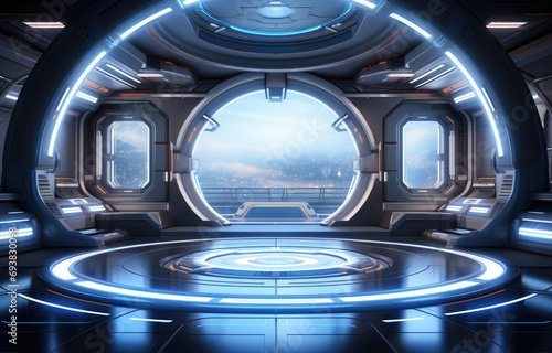 3D Futuristic space station interior, sleek metallic surfaces, advanced technology panels