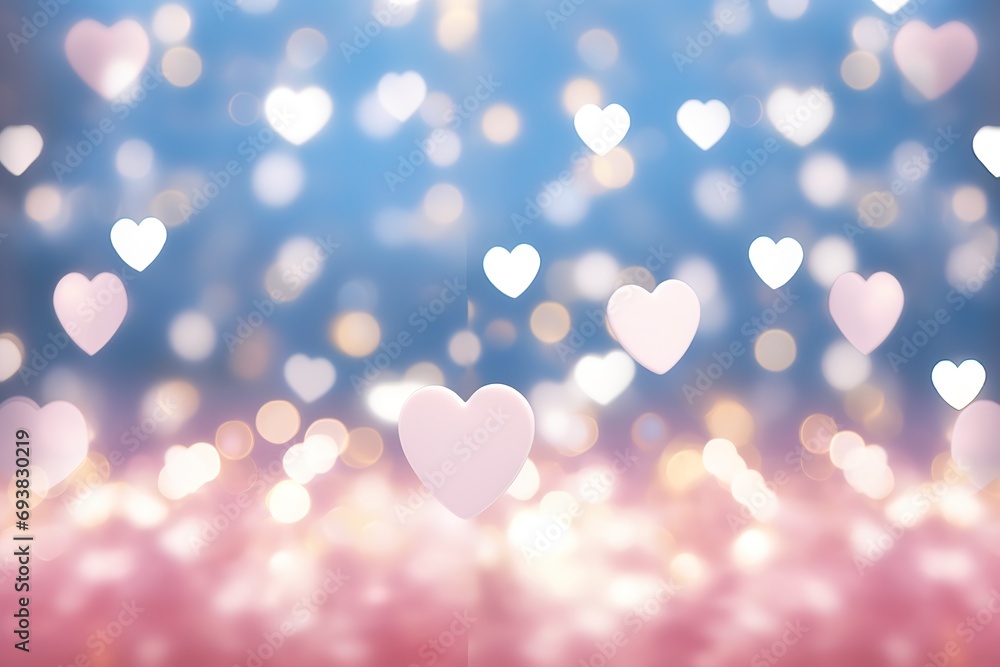 White heart bokeh light pink blue abstract background