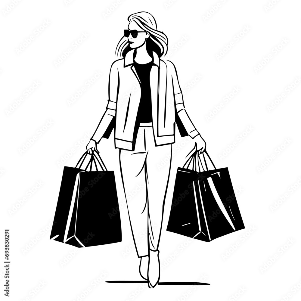 Fashion sketch of beautiful woman with shopping bags