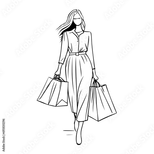 Hand drawn beautiful woman with shopping bags. Black and white sketch. Fashion illustration.