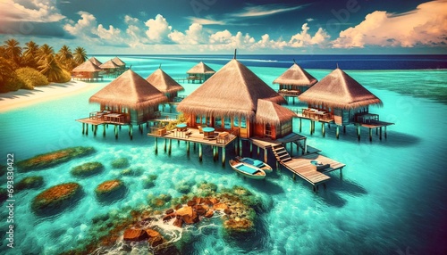 AI generate image of a tropical resort at sunset from Maldives 