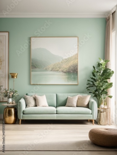 Mockup of a large paintings in framed a light mint green living room interior © Dhiandra