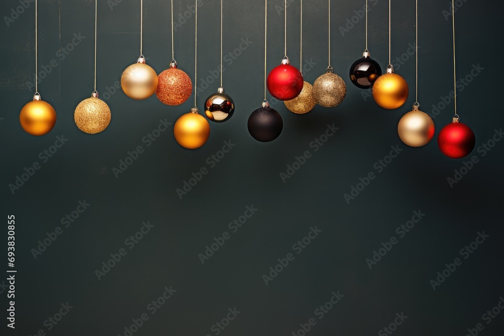 Colorful Christmas balls hanging on clear dark gray background. New year decoration, festive atmosphere concept. Banner with copy space Colorful Christmas balls hanging on clear dark gray background. New year decoration, festive atmosphere concept. Banner with copy space