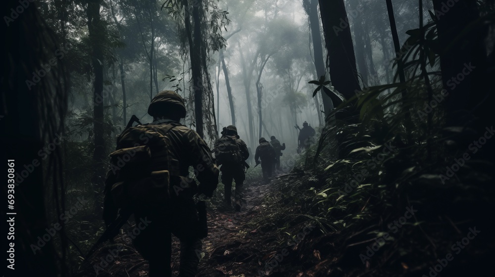soldiers advancing through the jungle