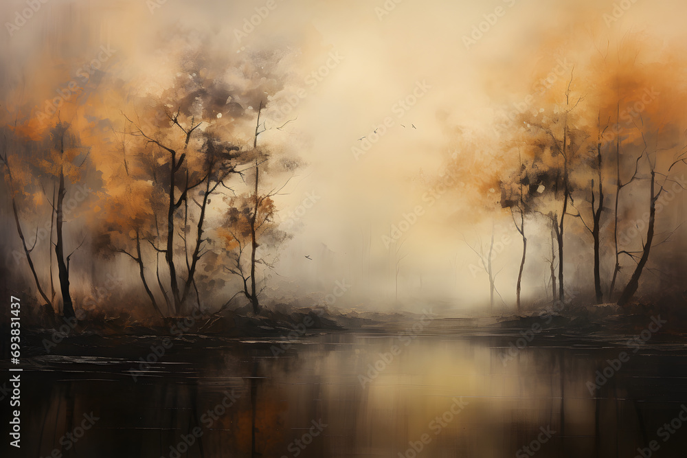 abstract painting on canvas of trees near the water
