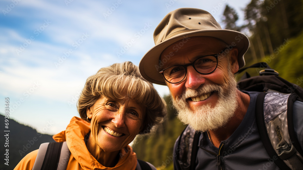 A happy, active couple of elderly hikers, taking selfies against the backdrop of a hiking trail, lead a cheerful lifestyle together. The concept of active age