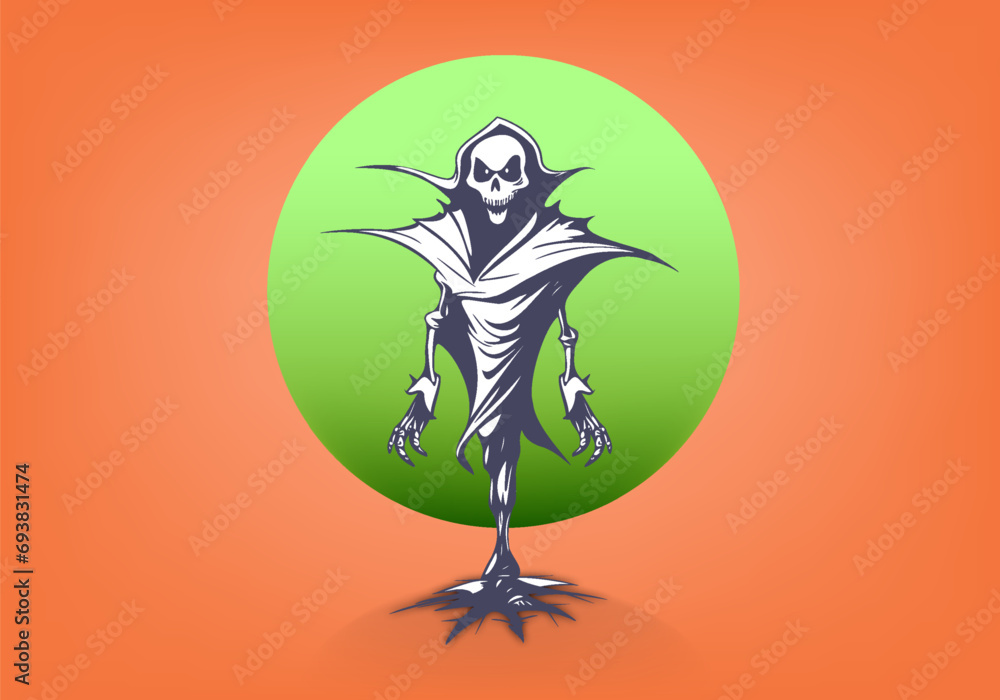 Obraz premium Vector graphic smiling monster with skull. Scary nightmare. Halloween poster. A threatening scarecrow.