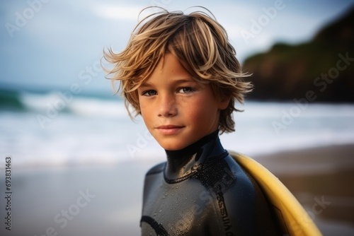 Portrait of a young boy in wetsuit with surfboard © igolaizola
