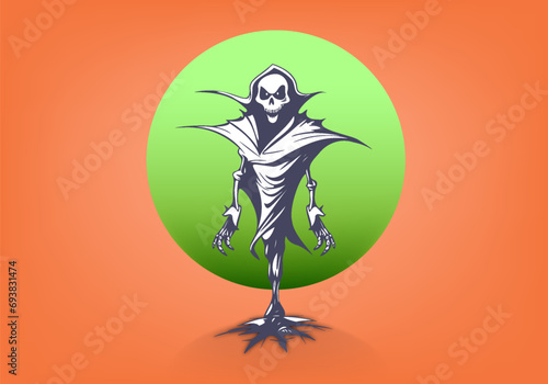Vector graphic smiling monster with skull. Scary nightmare. Halloween poster. A threatening scarecrow.