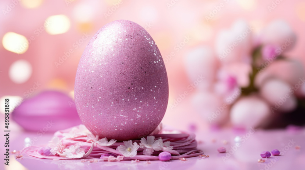 A speckled pink Easter egg surrounded by delicate spring flowers and soft light. A speckled pink Easter egg surrounded by delicate spring flowers and soft light.