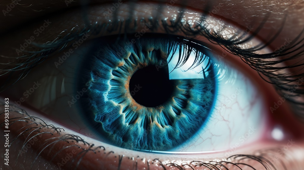 Female human eye close up. Healthy eyesight concept. Front macro view beautiful blue iris. Woman look camera extreme closeup. Good vision laser surgery. Pretty person without no make up. Eyes lenses. - obrazy, fototapety, plakaty 