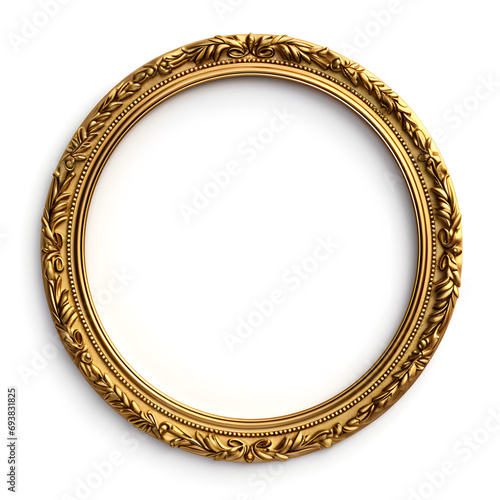 a round ornate vintage gold frame on a white background