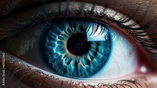 Female human eye close up. Healthy eyesight concept. Front macro view beautiful blue iris. Woman look camera extreme closeup. Good vision laser surgery. Pretty person without no make up. Eyes lenses.