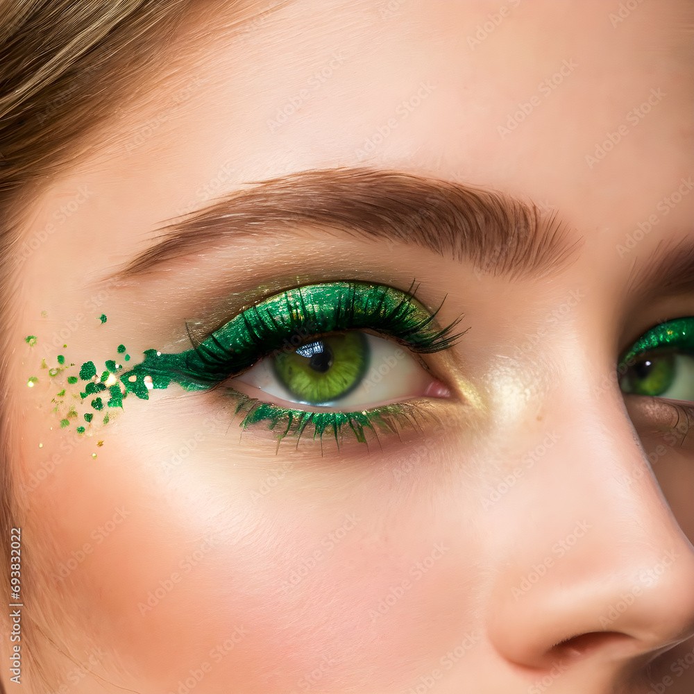 Obraz premium Beautiful woman with green makeup and sparkles on her face.