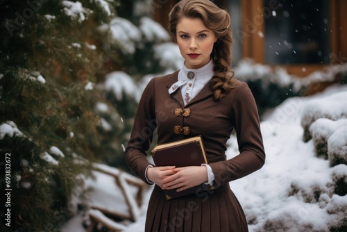 Portrait of elegant woman wearing vintage brown dress on winter snowy park. Girl walking in snowfall. Portrait in retro style. Preppy fashion