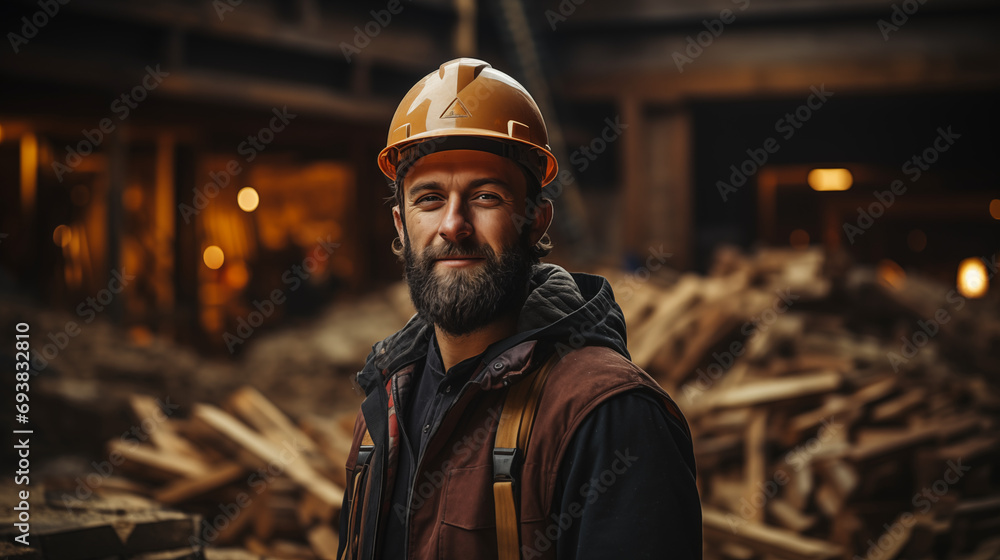 Portrait of a foreman or worker against the backdrop of a construction site. Construction site manager wearing a hard hat and safety vest. A satisfied manager looks at the camera. AI generative Portrait of a foreman or worker against the backdrop of a construction site. Construction site manager wearing a hard hat and safety vest. A satisfied manager looks at the camera. AI generative