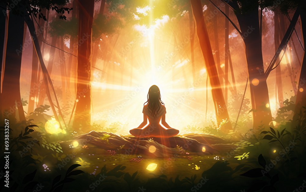 meditating woman in a forest illuminated by the setting sun. meditating woman in a forest illuminated by the setting sun.