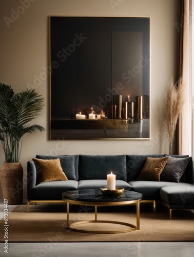 .Mockup of a large paintings in framed a light luxury black color living room interior .