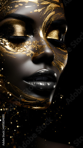 close-up model s face with closed eyes on a black background with golden makeup fashion abstraction
