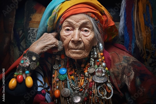 Old women wearing traditional costume. Shaman with jewelry. Ethnic traditions photo