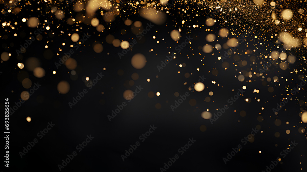 golden sparkles and bokeh on a black background - obrazy, fototapety, plakaty 