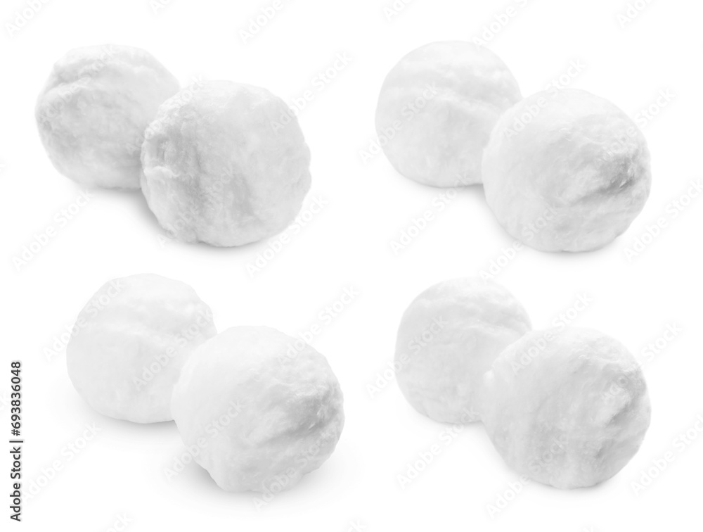 Balls of soft fluffy cotton isolated on white, set