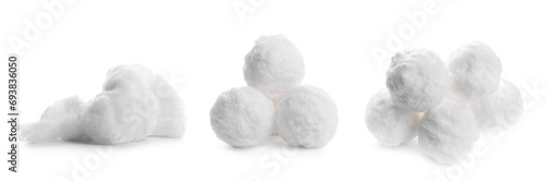 Balls of soft fluffy cotton isolated on white, set