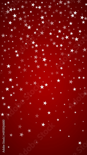 Snowfall overlay christmas background. Subtle flying snow flakes and stars on christmas red background. Festive snowfall overlay. Vertical vector illustration.