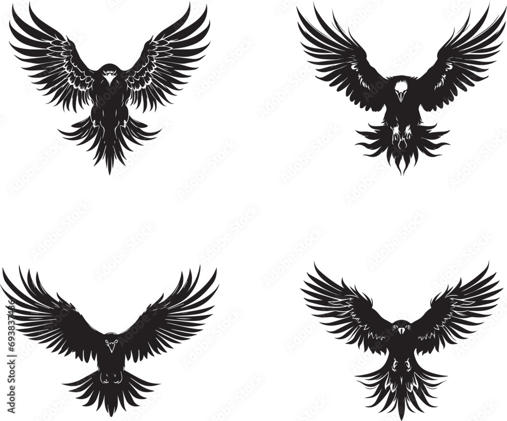 Set of black eagle in flight isolated on white background Set of black eagle in flight isolated on white background