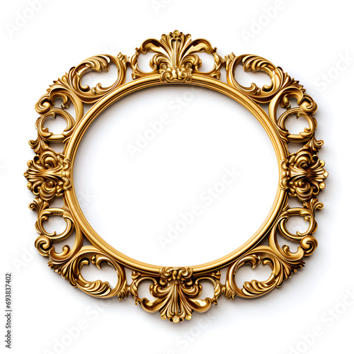 a round ornate vintage gold frame on a white background © Lin_Studio