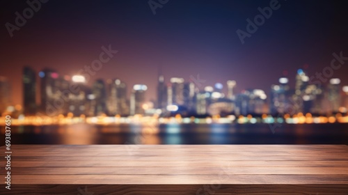 Blank wood tabletop with blurred night city skyline and river, showcase, nightlife, AI Generative photo