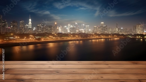 Blank wood tabletop with blurred night city skyline and river, showcase, nightlife, AI Generative © Nijieimu