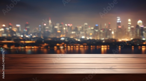 Blank wood tabletop with blurred night city skyline and river, showcase, nightlife, AI Generative