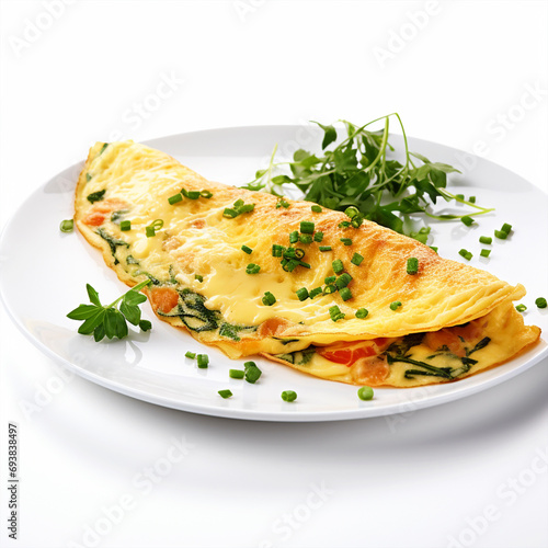 Breakfast omelet on a plate with isolated white background - ai generative