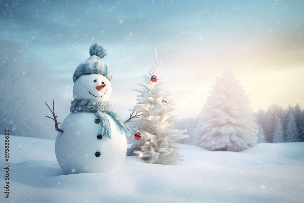Enchanting Winter Wonderland: Joyful Snowman in a Snow , Perfect Holiday Greeting Card, generative ai