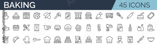 Set of 45 outline icons related to baking. Linear icon collection. Editable stroke. Vector illustration