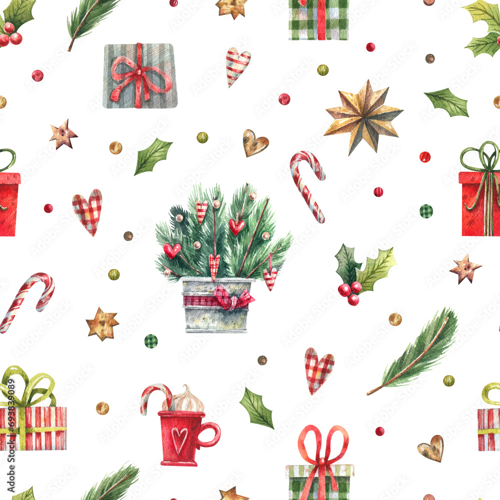 Seamless pattern with watercolor illustrations on a Christmas theme. Christmas tree branches, boxes with gifts, stars, candy canes on a white background festive pattern. Seamless pattern with watercolor illustrations on a Christmas theme. Christmas tree branches, boxes with gifts, stars, candy canes on a white background festive pattern.