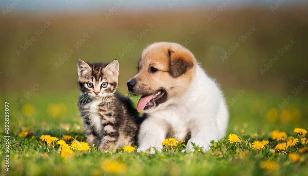 cat and dog in a field of grass cat and dog in a field of grass