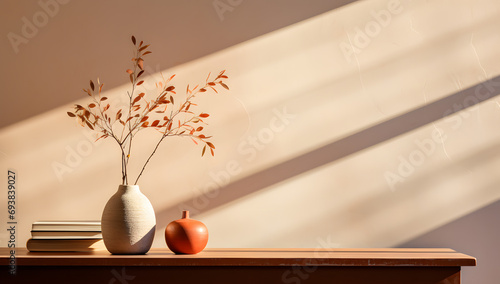 an empty room with a wooden bench and potted plants